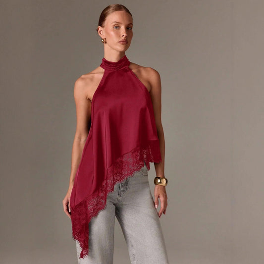 Top lencero de satén azul noche con cuello halter y bajo asimétrico con encaje - Naiala Moda