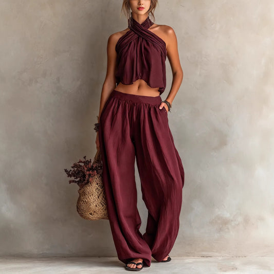 Conjunto bohemio de dos piezas con top cruzado y pantalón ancho fluido en mezcla de lino - Naiala Moda
