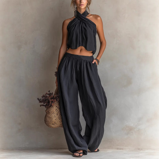 Conjunto bohemio de dos piezas con top cruzado y pantalón ancho fluido en mezcla de lino - Naiala Moda