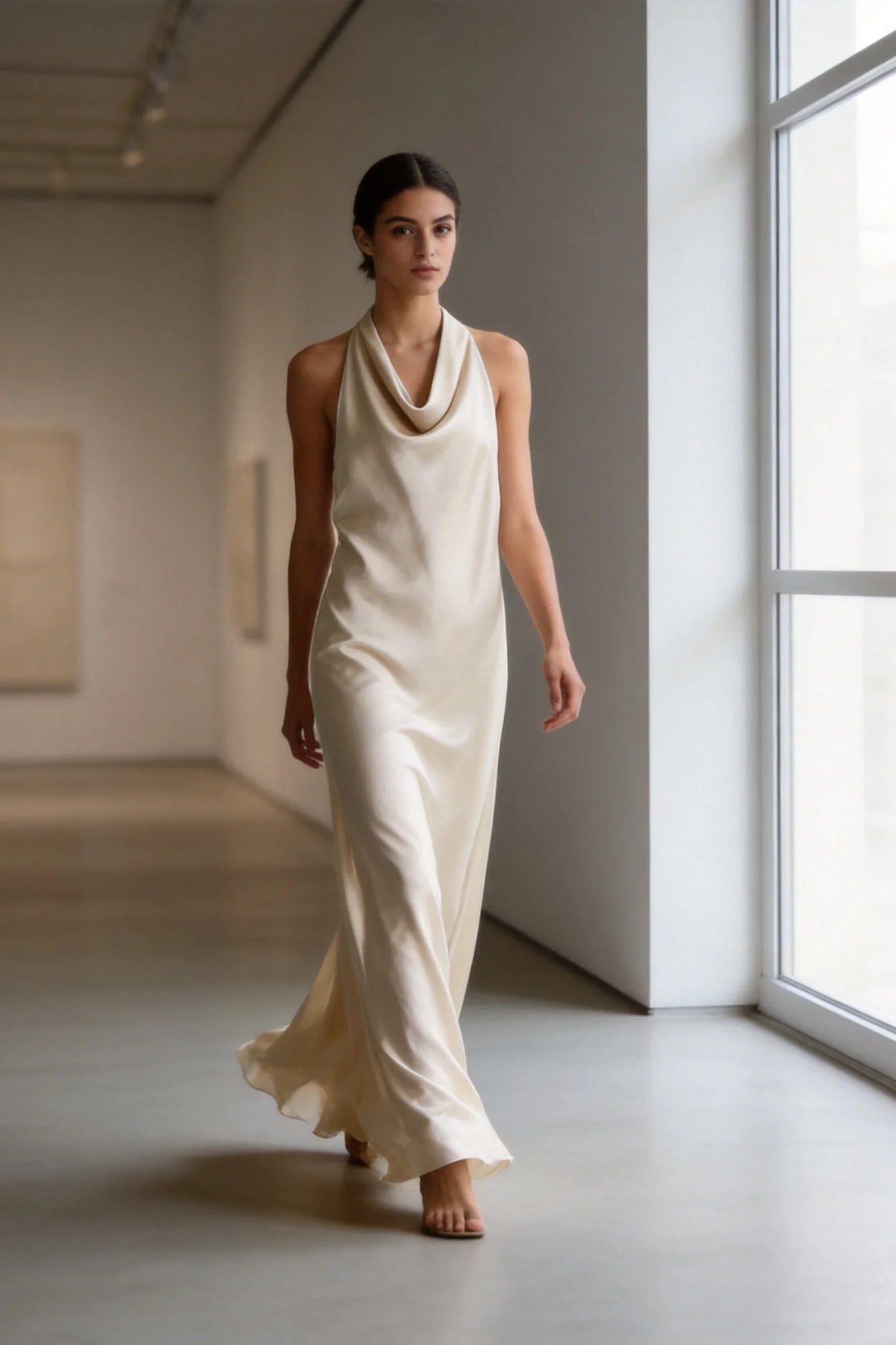 Vestido largo satinado beige con cuello halter, vista frontal completa