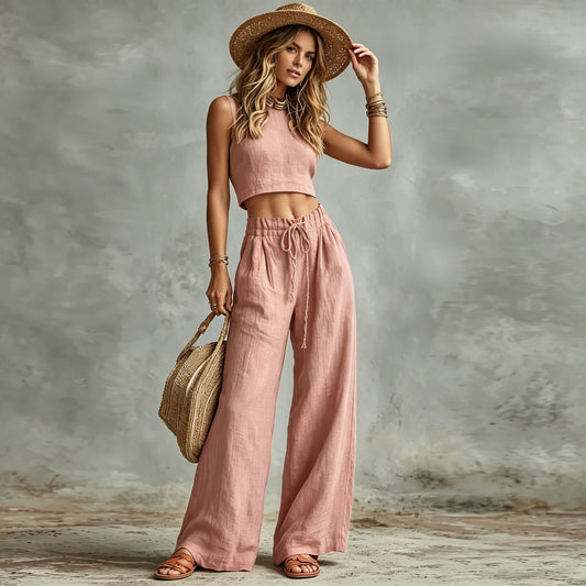 Conjunto Sienna de dos piezas en color negro con pantalón ancho y top ajustable de Naiala Moda.