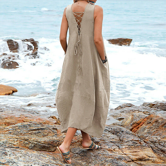 Vestido maxi de lino y algodón con corte holgado y bolsillos laterales - Naiala Moda