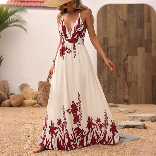 Vestido maxi blanco con estampado floral granate y tirantes finos - Naiala Moda