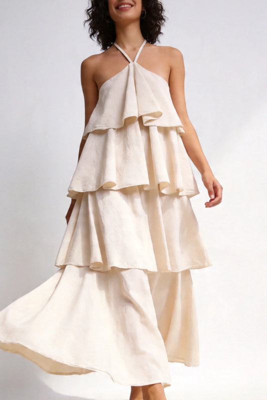 Vestido Althea Volantes con escote halter y volantes en capas - Color Beige
