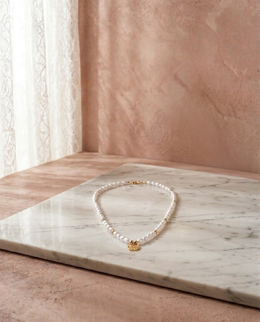 Collar fino largo con perlas dorado acero inoxidable mujer