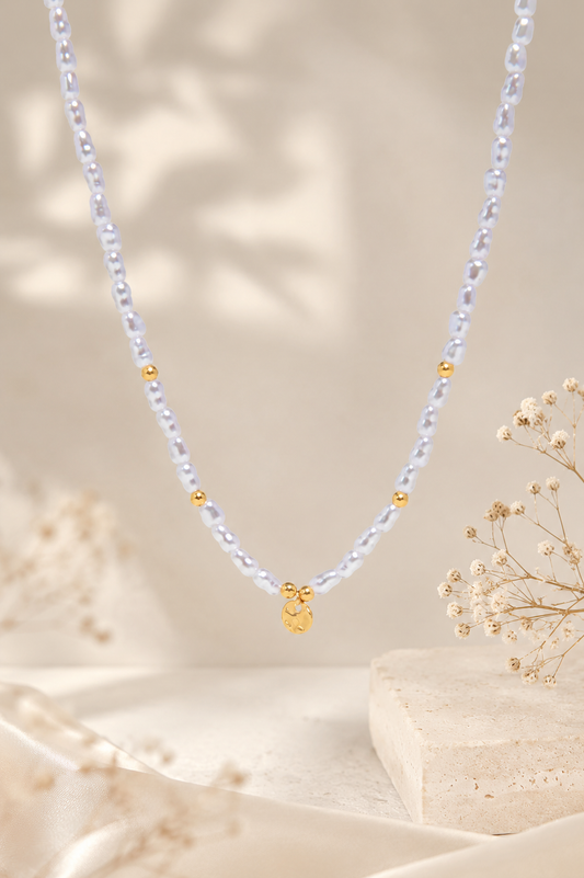 Collar fino largo con perlas dorado acero inoxidable mujer