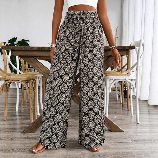 Pantalón de pierna ancha con estampado étnico geométrico y cintura ajustable - Naiala Moda