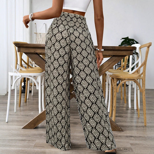 Pantalón de pierna ancha con estampado étnico geométrico y cintura ajustable - Naiala Moda