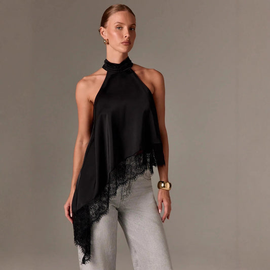 Top lencero de satén azul noche con cuello halter y bajo asimétrico con encaje - Naiala Moda