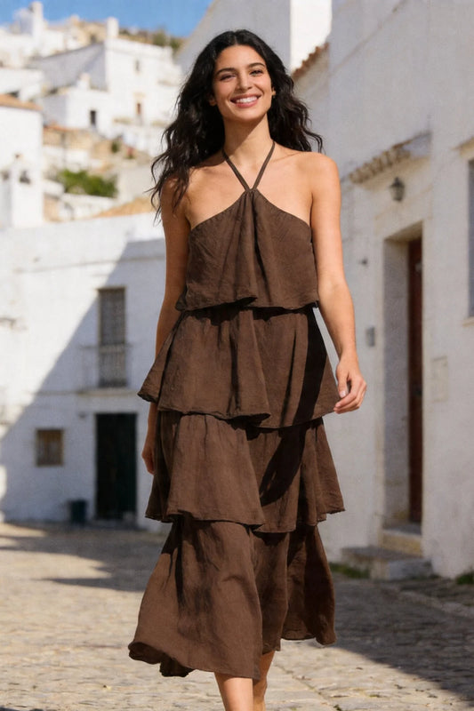 Vestido Althea Volantes con escote halter y volantes en capas - Color Marrón
