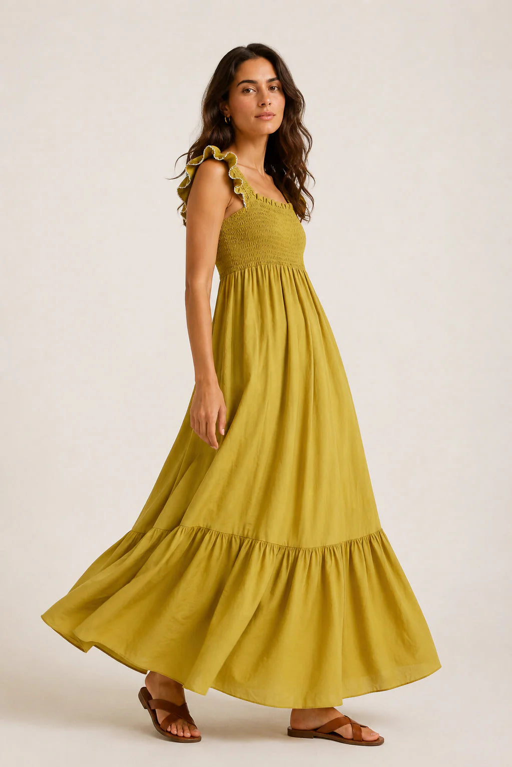 Vestido Largo Vivian oliva completo - vestido largo versátil - Naiala Moda