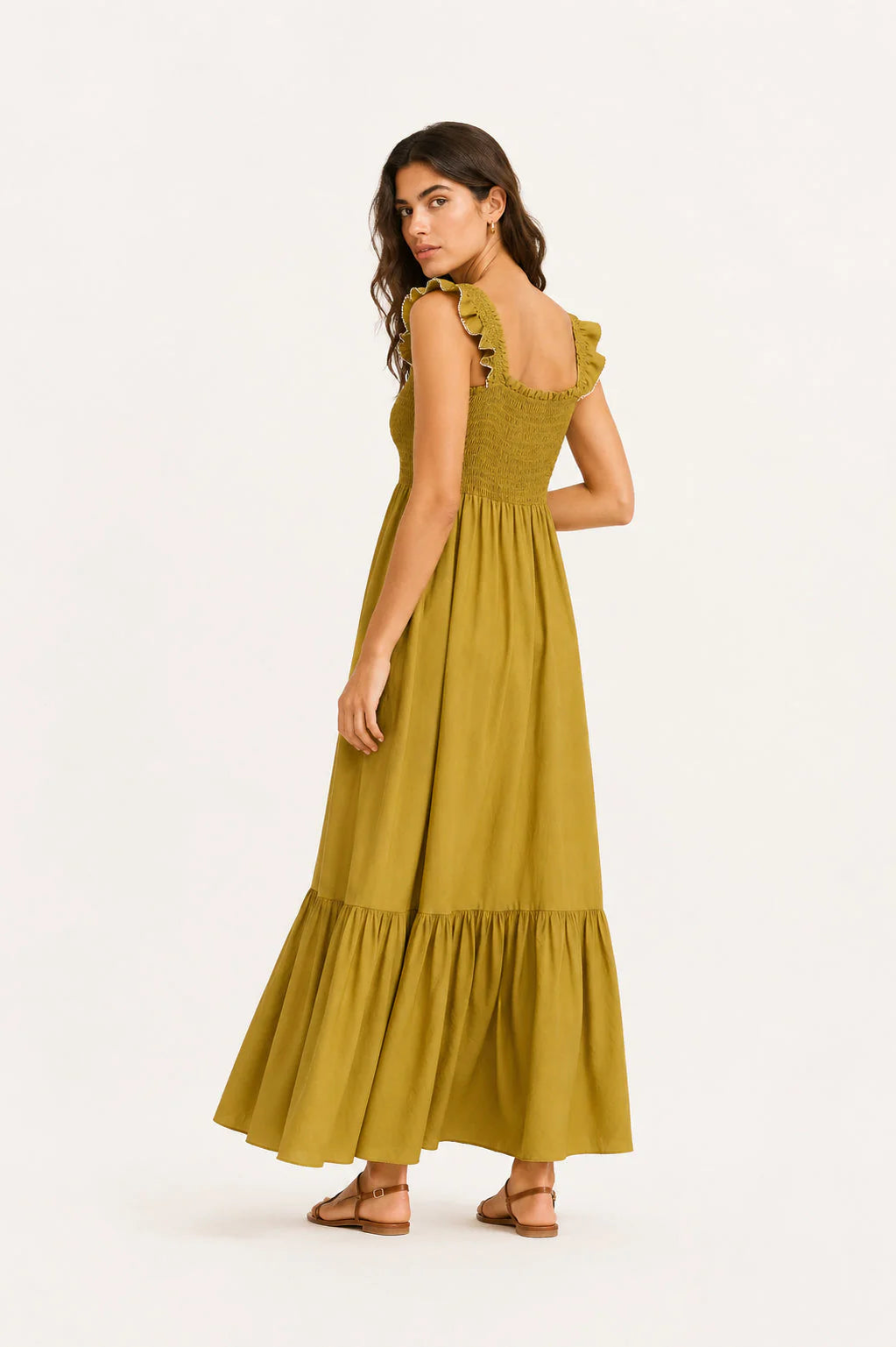 Vestido Largo Vivian oliva lateral - vestido fluido de viscosa y poliamida - Naiala Moda
