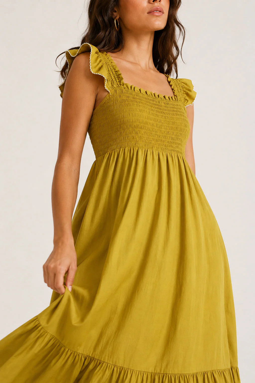 Vestido Largo Vivian oliva detalle - tejido ligero 85% viscosa 15% poliamida - Naiala Moda