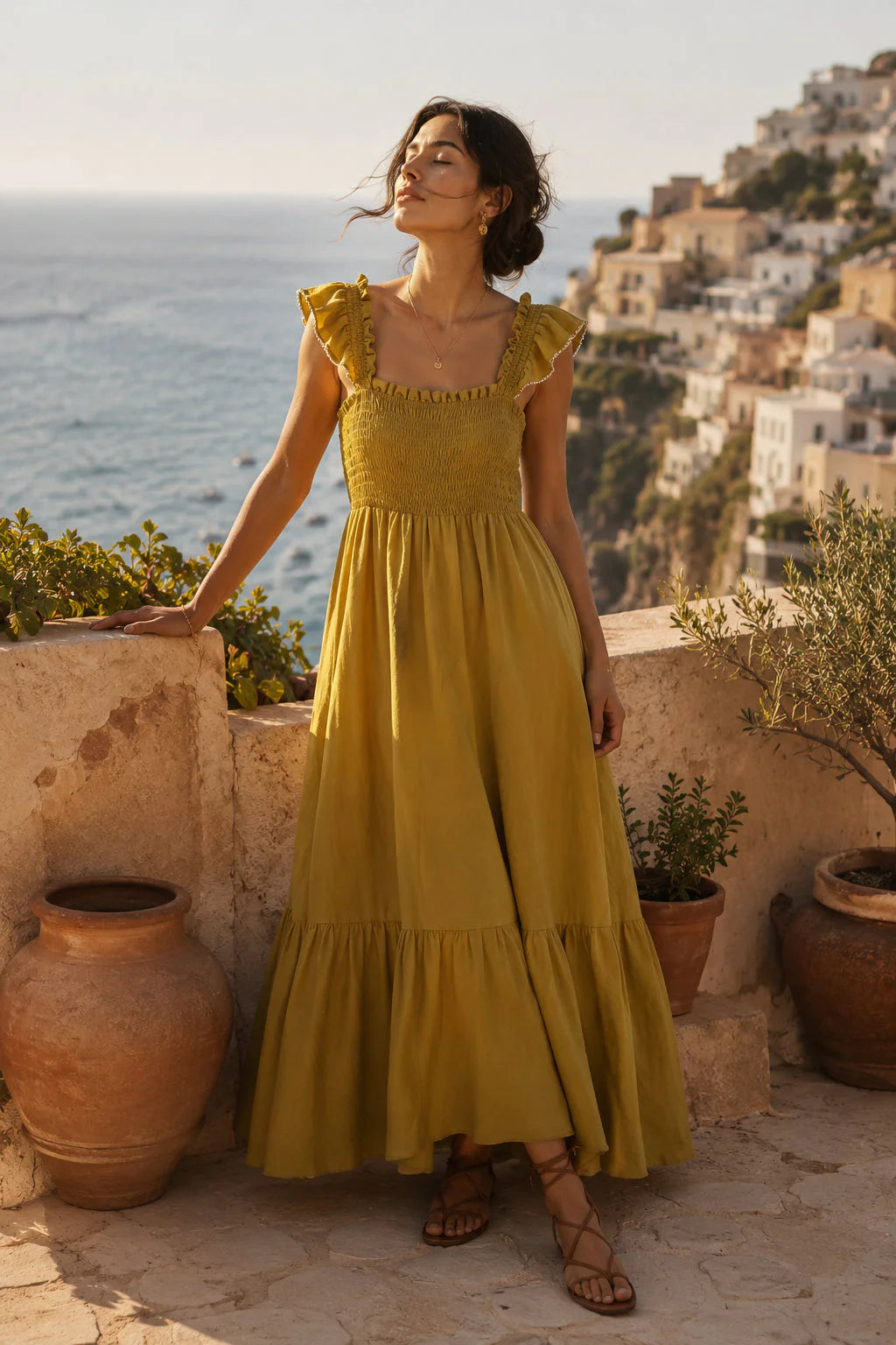 Vestido Largo Vivian oliva - vestido midi de tirantes con volante - Naiala Moda