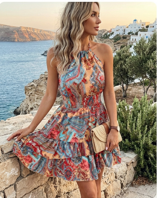 Vestido Corto "Ibiza" - Estampado Paisley Escote Halter